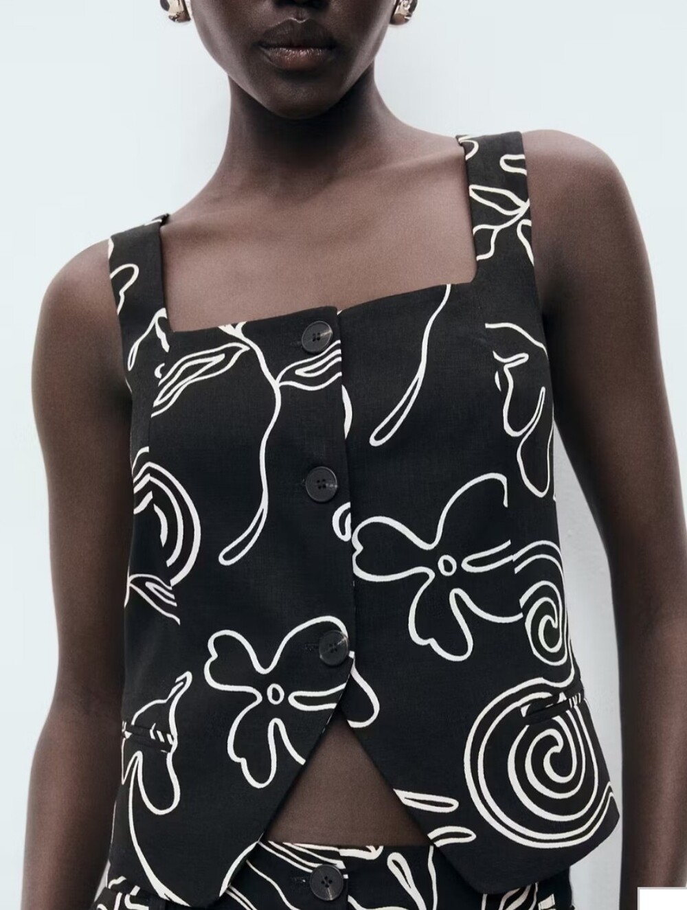 Mango Floral Print Linen Suit Vest Black White XSmall